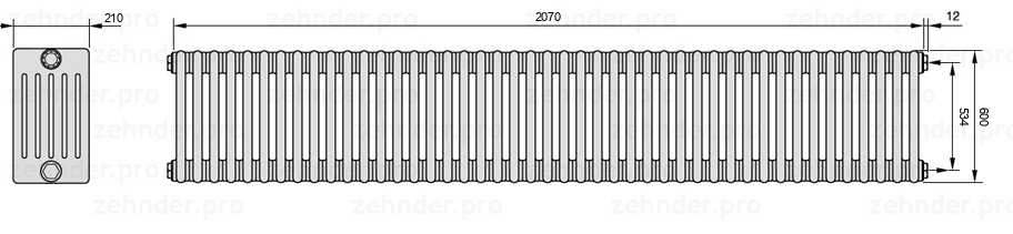 Схема (чертеж) Радиатор Zehnder Charleston 6060/45 №7610 Белый глянцевый RAL 9016